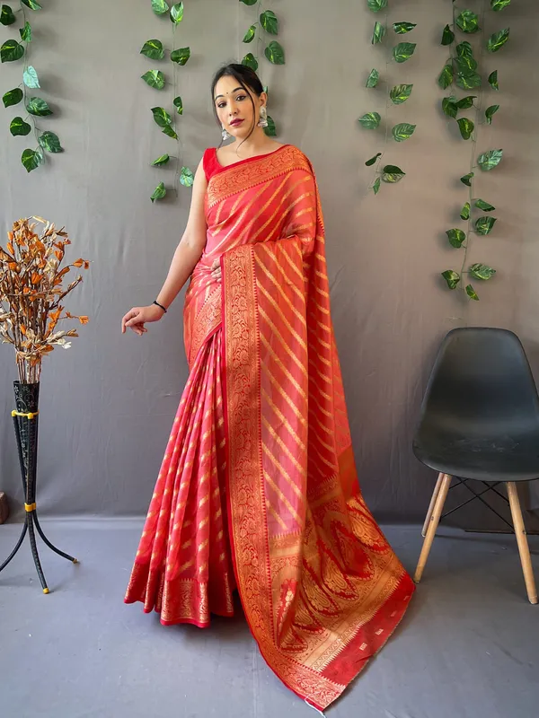 Orange_Red_Pure_Organza_Weaved_Leheriya_Saree_With_Blouse_Piece_Attached